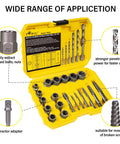 Open yellow case displaying Beast 26 Piece Screw And Bolt Extractor Set 3 In 1 Kit With Drill Bits And Socket Adapter Easy Out Tools.