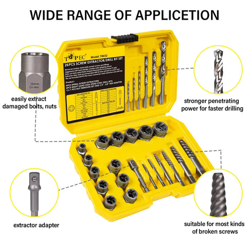 Open yellow case displaying Beast 26 Piece Screw And Bolt Extractor Set 3 In 1 Kit With Drill Bits And Socket Adapter Easy Out Tools.