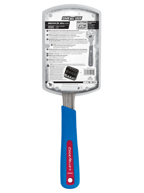 Back view of Heavy Duty Adjustable Wrench 12 Inch Chrome With Cushioned Grip packaging highlighting features and specifications.