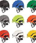 Nine H1 V Gard Safety Helmets in various colors with Fas Trac III Ratchet Suspension for boss level protection and comfort.