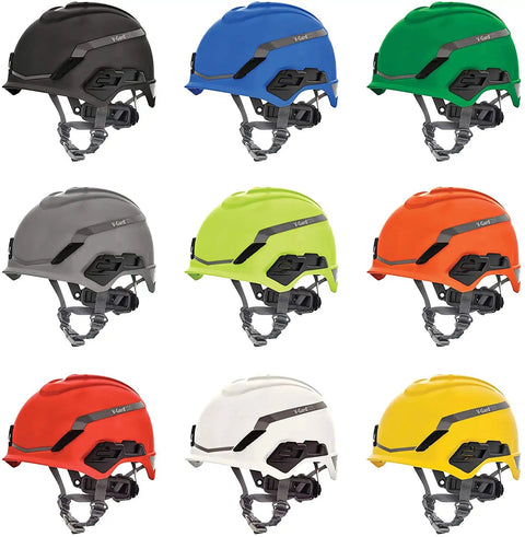 Nine H1 V Gard Safety Helmets in various colors with Fas Trac III Ratchet Suspension for boss level protection and comfort.
