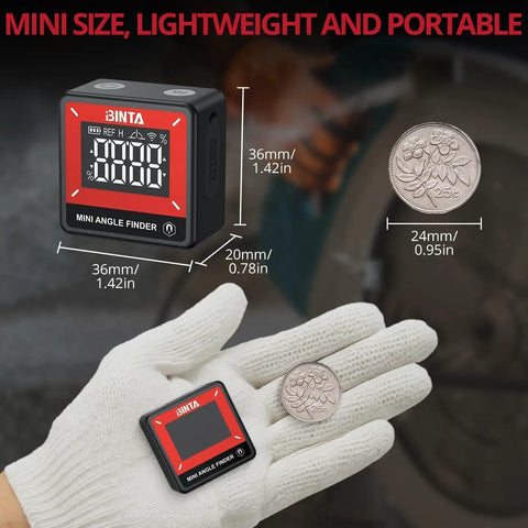 Slick Pocket Sized Digital Angle Finder With Strong Magnet IP54 Waterproof Dustproof Dead On Precision Layout Gauge For Carpentry And DIY No Sweat Compact Measuring Tool You Will Love in hand with coins for size comparison.