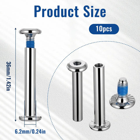 10 Pack Inline Skate Axle Screws 6mm x 36mm For Roller Skates Universal Fit, shown in 36mm length with hex socket head, silver metal