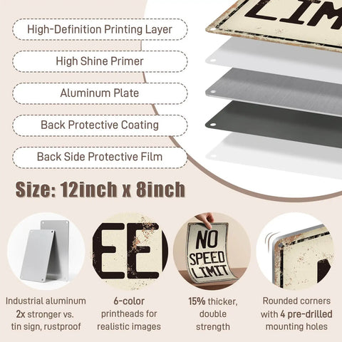 Detailed view of Rad No Speed Limit Metal Tin Wall Sign For Car Freaks and Street Savvy Crew, showing aluminum plate features.