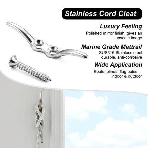 Stainless steel boat cleat and screw for marine docks and boats, heavy-duty rust-resistant hardware for secure mooring.