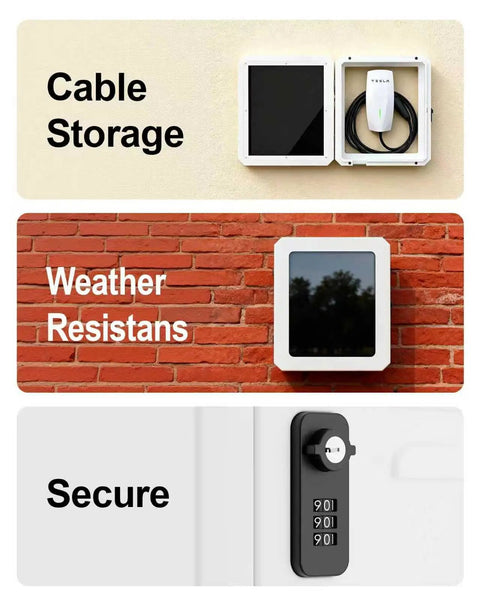Universal Lockable EV Charger Outdoor Enclosure And Heavy Duty Metal Protective Guard For Level 2 Charging Stations with cable storage feature.