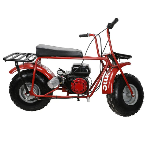 Red mini bike with Recoil Pull Starter For Predator 196cc 212cc 6.5hp shown from side, featuring large tires and a black seat.