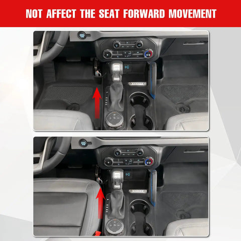 Ford Bronco Gear Shift Side Storage Box Organizer installed without affecting seat movement, 2021-2025 models interior view