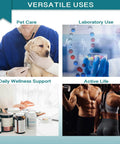 Versatile uses: pet care with vet, lab setting with test tubes, wellness supplements, active life with exercising individuals.
