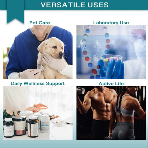 Versatile uses: pet care with vet, lab setting with test tubes, wellness supplements, active life with exercising individuals.