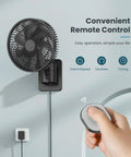 8 Inch Small Wall Mounted RV Fan With Remote Control, 90 Degree Oscillation, shown installed with handheld remote use.