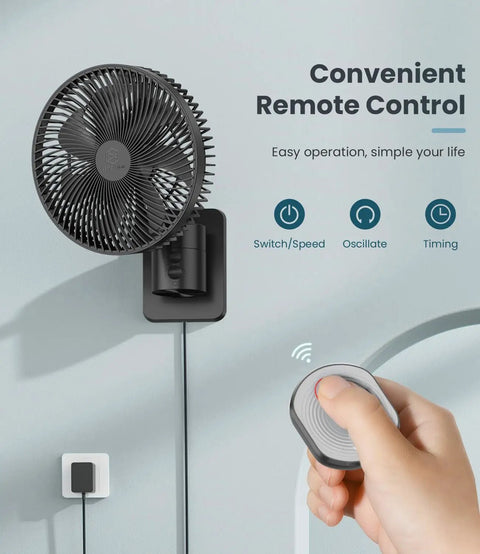 8 Inch Small Wall Mounted RV Fan With Remote Control, 90 Degree Oscillation, shown installed with handheld remote use.
