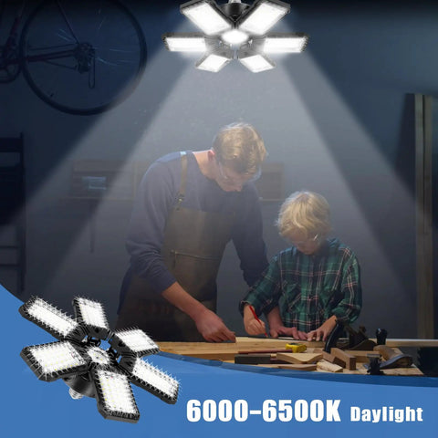 Super Bright 180W Garage Light Bulbs illuminating a workshop with 6 plus 1 deformable panel design for 360 degree illumination.