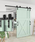 Heavy Duty Sliding Barn Door Track Hardware Kit With Ceiling Mount, Bypass System, rolling library ladder accessory, installed