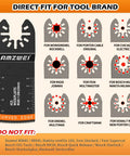 Front view of AMZWEI 28-piece universal oscillating saw blades kit with curved-edge blade and brand compatibility chart.