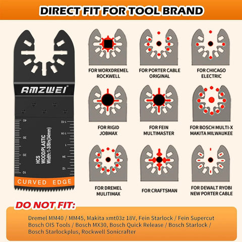 Front view of AMZWEI 28-piece universal oscillating saw blades kit with curved-edge blade and brand compatibility chart.