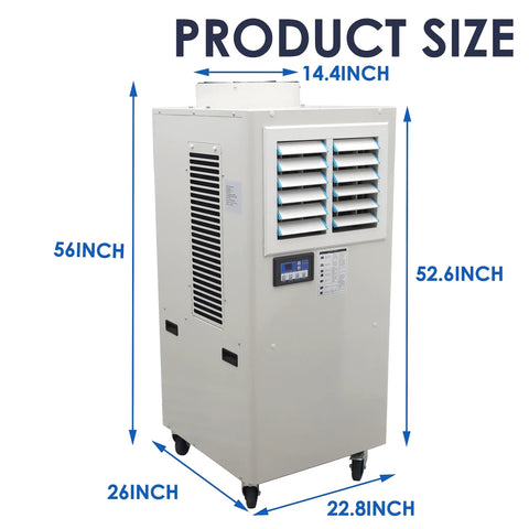 Heavy-Duty Industrial Spot Cooler With Rollin' Brake Wheels, Top-Shelf Commercial Air Conditioner For Warehouses And Factories, 20400 Btu, 220 Volt, Moves Anywhere, Shop Ready Cooling Beast dimensions graphic showing height and width.