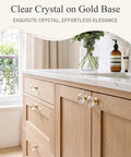 Four Pack Of Straight Up Stunning Clear Gold Diamond Cabinet Knobs With Built Tough Zinc Alloy Bases And Just Pure Magical Glass Dresser Pulls For Weekend Home Makeovers displayed on an oak dresser.
