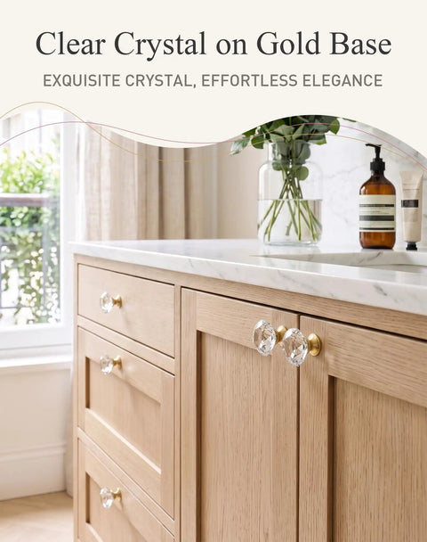 Four Pack Of Straight Up Stunning Clear Gold Diamond Cabinet Knobs With Built Tough Zinc Alloy Bases And Just Pure Magical Glass Dresser Pulls For Weekend Home Makeovers displayed on an oak dresser.