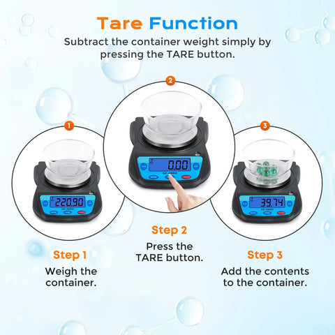 Digital Lab Scale 600g Capacity With 0.01g Readability, LCD Display, showing tare function in three steps