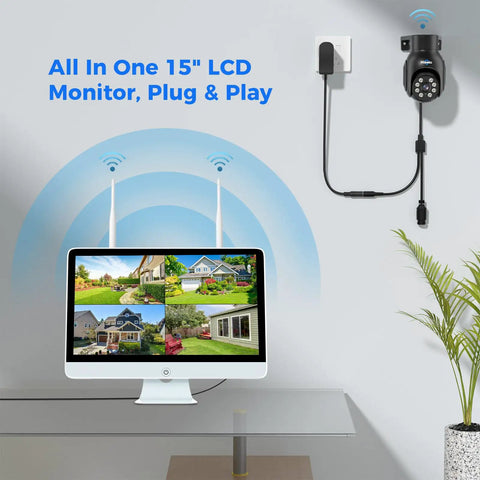 All In One Wireless Security Camera System With 15 Inch LCD Monitor, 16 Channel NVR, 5MP PTZ Cameras, plug and play setup