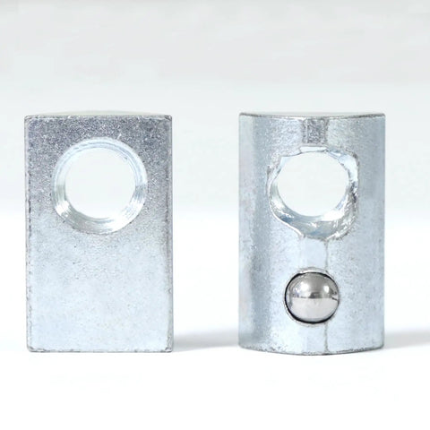 Front view of Built Tough 1/4-20 Threaded Steel Roll In T Nut With Ball Spring For T Slot Rails And 10 Series Aluminum Extrusion Profiles.