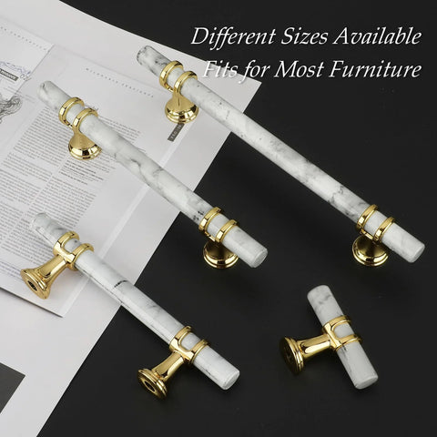 White Marble And Gold Drawer Pulls Set, 10 Pack, 3 Inch Center Hole T Bar Zinc Alloy Cabinet Handles on display in different sizes