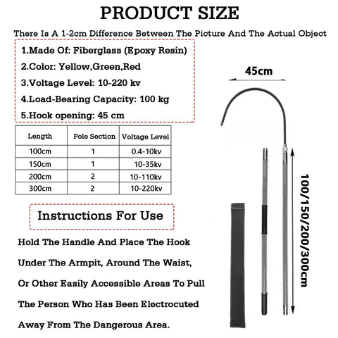 Red 1 Meter High Voltage Insulated Safety Tool For Electrical Pros And DIYers Portable Heavy Duty Insulated Rod With Heat Shrink Tubing For Maximum Shock Protection In Power Plants Factories And Auto Maintenance, 45cm hook, epoxy fiberglass