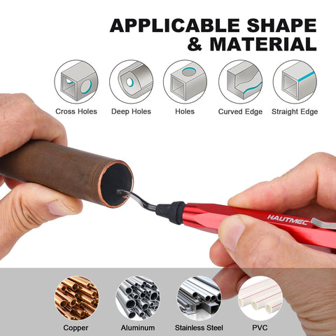 Front view of HAUTMEC red copper tubing cutter set with 1/2, 3/4 and 1 in cutters plus reaming pen