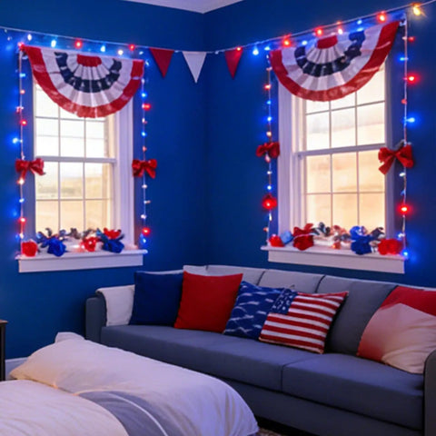 Living room decorated with Patriotic 100 LED Red White Blue String Lights For 4th Of July Indoor Outdoor Decor, sofa and pillows