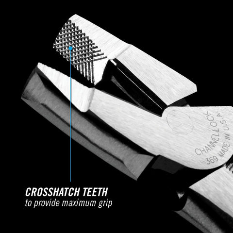 Close-up of High Leverage Linesman Pliers 9 1/2 Inch with round nose, crosshatch teeth for grip, ideal for precise bends and wire cutting.