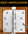 Rock Solid 304 Stainless Steel Door Hinges 4 By 4 Inches Heavy Duty Ball Bearing Non Removable Pin installed on wood.