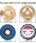Pro Level Angle Grinder Accessory Kit Kicking Serious Tail With Wood Shaping Flap Sanding Wheels And Tough Chain Carving Discs For 4 Half Inch Grinders showing four attachments.