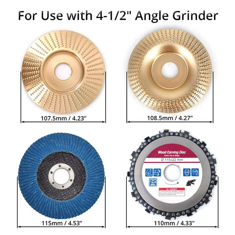 Pro Level Angle Grinder Accessory Kit Kicking Serious Tail With Wood Shaping Flap Sanding Wheels And Tough Chain Carving Discs For 4 Half Inch Grinders showing four attachments.