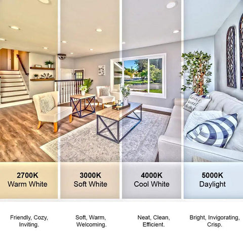 Room lighting comparison showing 2700K warm white to 5000K daylight, highlighting 6 inch LED recessed can lights 14 watt 1100 lumens 3000K soft white dimmable retrofit kit for replacing 100W can lights 6 pack easy install no tools required energy efficient bright home lighting.