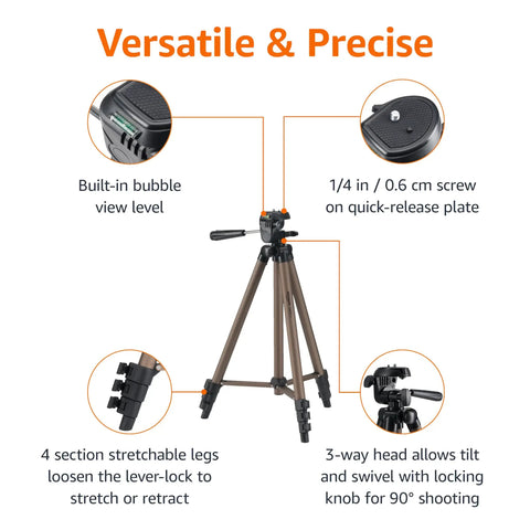Lightweight 50 Inch Aluminum Camera Tripod With Quick Release Plate, Adjustable 16 To 50 In, 3-way head, built-in bubble level