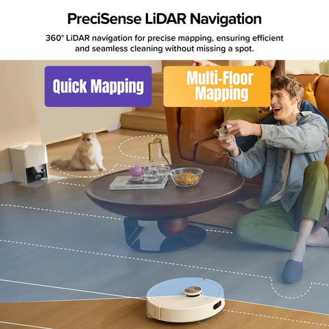 Hands Free Robot Vacuum And Mop With 7-9 Weeks Self Emptying, 10000 Pa Suction, navigating living room with PreciSense LiDAR