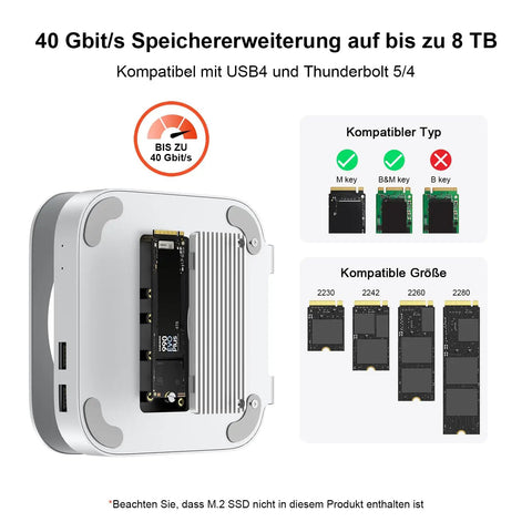 Heavy Hitter Mac Mini M4 Stand Hub delivering 40Gbps Thunderbolt expandability with NVMe SSD enclosure and compatibility details.