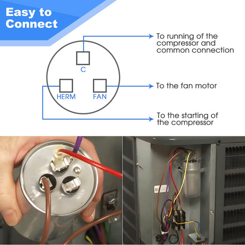 Diagram and installation of Dual Run Capacitor 35/5 MFD 370V 440V VAC Round for AC Unit Condenser or Heat Pump