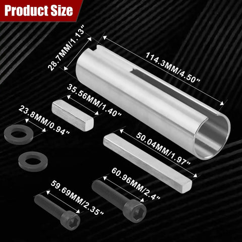 Heavy Duty Crankshaft Sleeve Adapter For Gas Engines One Inch To One Eighth Keyed Bushing, dimensions and components displayed.