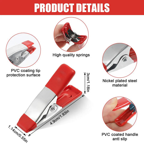 20 Pack Mini Spring Clamps With Protective Rubber Tips, Rock Solid Metal Craft Tools For Woodworking and Photo Backdrop Setup, Heavy Duty Quick Grips, No Sweat Fastening, Top Shelf Craft Essentials close-up of clamp features, showing PVC coated tips and nickel plated steel material.
