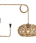 Plug In Boho Pendant Light With Hemp Rope Cord 15.1 Feet Long, Woven Rattan Cage Hanging Lamp, On Off Switch, Retro Coastal Wicker Style