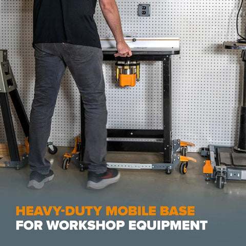 Person adjusting Heavy Duty Universal Mobile Tool Base with 3 inch non marking wheels, 650 lb capacity under power tool stand