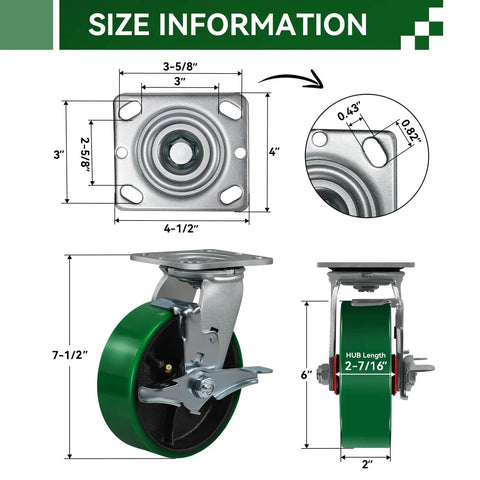 Heavy Duty Caster Wheel Set Of 4 6 Inch By 2 Inch Polyurethane Industrial Casters With 2 Brakes And 2 Swivel dimensions
