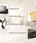 Touch Control Table Lamp With Two USB Ports, 3-Way Dimmable Bedside Light details: socket, amber glass shade, bronze leaf design.