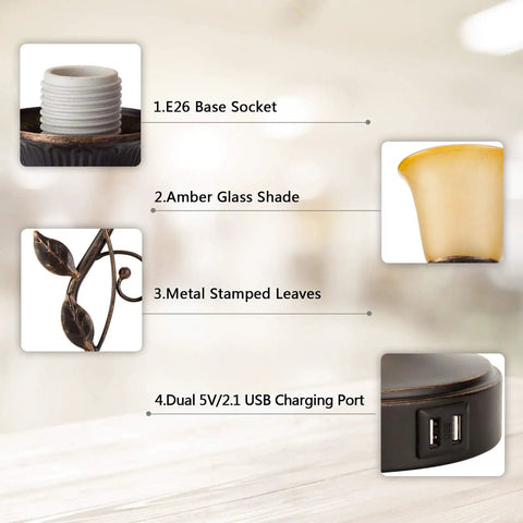 Touch Control Table Lamp With Two USB Ports, 3-Way Dimmable Bedside Light details: socket, amber glass shade, bronze leaf design.