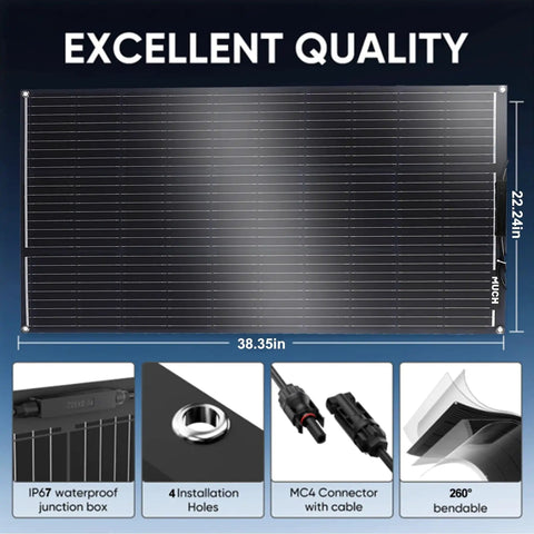 Diagram of Road Trip Ready 200W Flexible Solar Panel Kit Ultra Bendable Monocrystalline Off-Grid Charger detailing specifications.