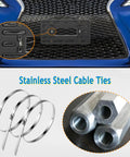 Universal Front License Plate Bracket Mount Kit With Anti Theft Stainless Steel Screws And Bolt Caps For Cars Without Pre Drilled Holes Easy Install Front Bumper Tag Adapter showing bracket with cable ties and bolt caps.