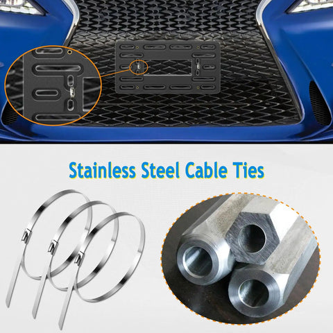 Universal Front License Plate Bracket Mount Kit With Anti Theft Stainless Steel Screws And Bolt Caps For Cars Without Pre Drilled Holes Easy Install Front Bumper Tag Adapter showing bracket with cable ties and bolt caps.