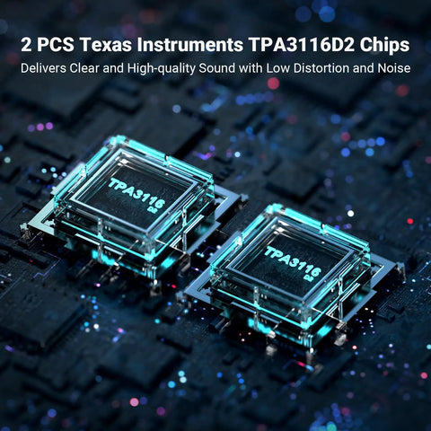 Close-up of two Texas Instruments TPA3116D2 chips used in Bluetooth Stereo Amplifier 100W Per Channel, 2 Channel Class D Power Amp For Passive Speakers.